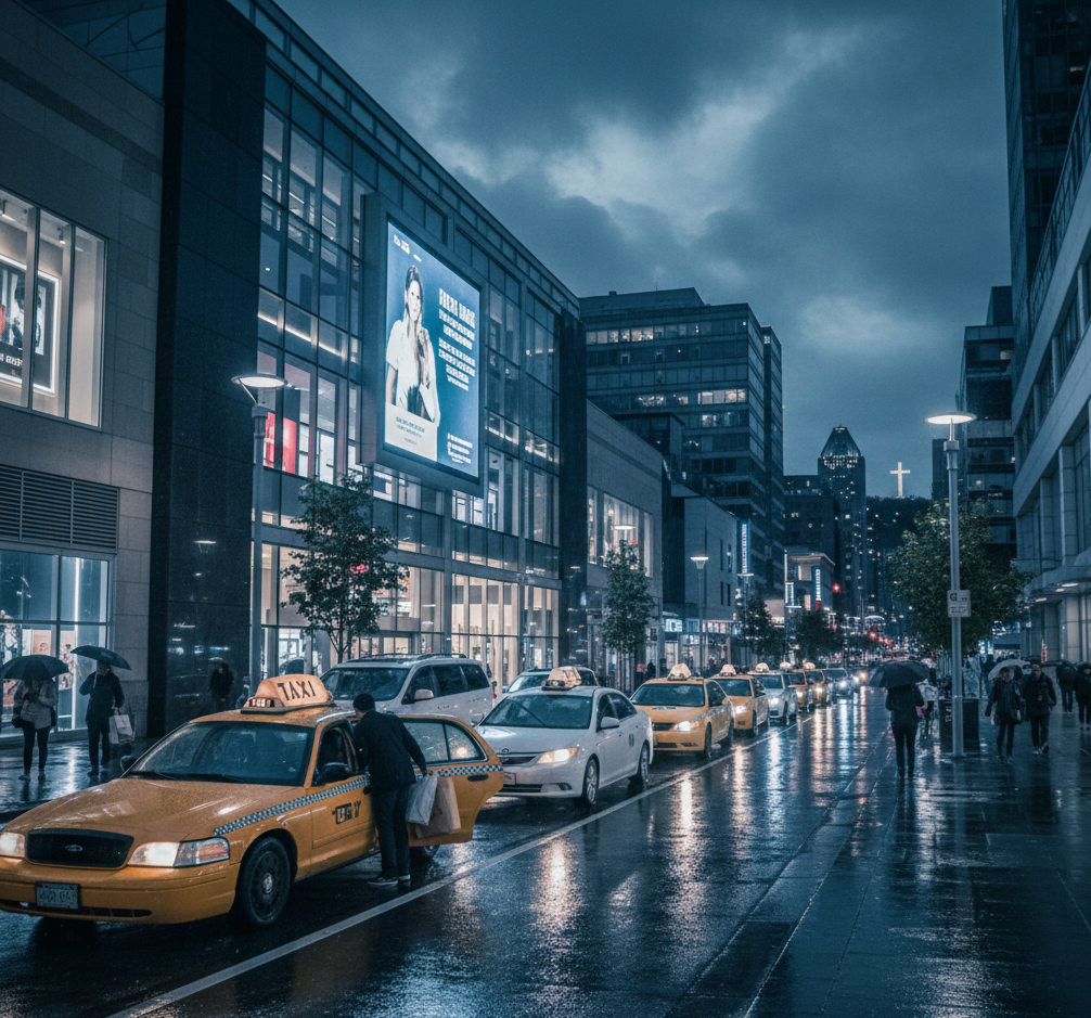 Taxis lined up in the city on a rainy evening