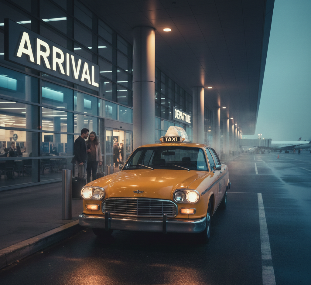 Taxi at an airport terminal to represent a planned transfer